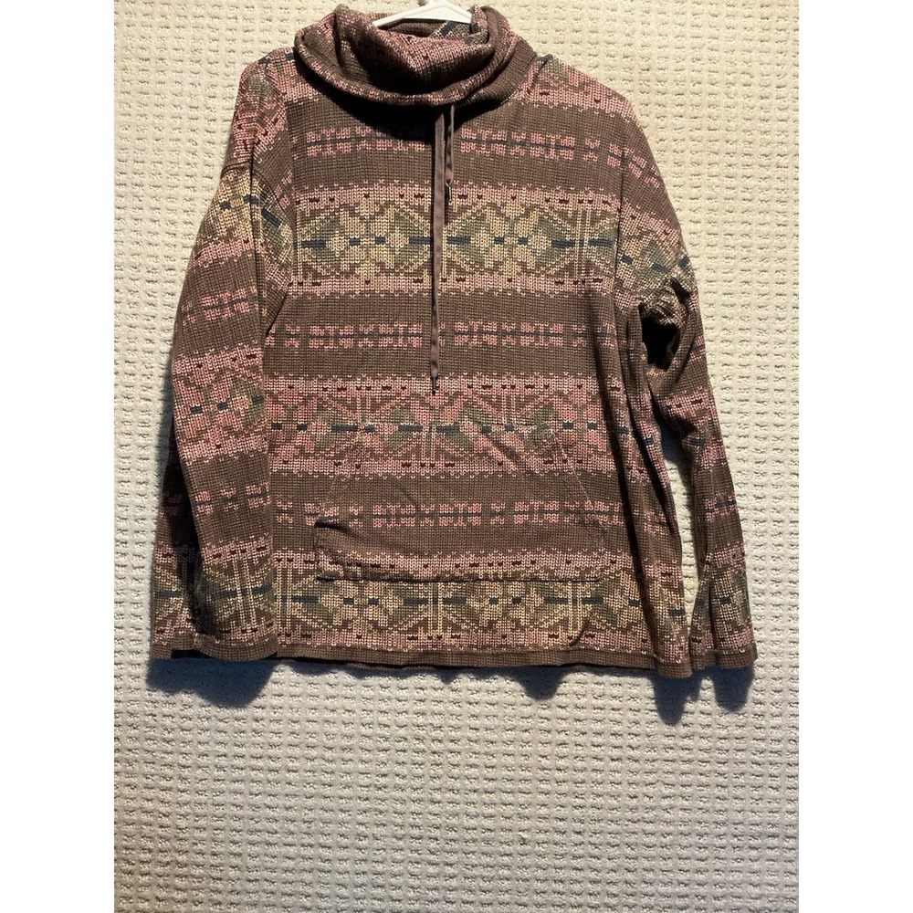 Chaps Ralph Lauren‎ Women Geometric Fair Isle Cowl Neck Pullover Kangaroo Pocket